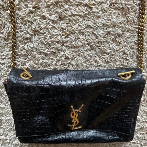 Saint Laurent Black Croc-Embossed Crossbody Bag - Picture 2 of 9